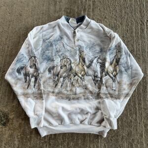 VINTAGE 90S ART UNLIMITED HORSE CREWNECK AOP GRAPHIC NATURE ANIMAL MENS LARGE
